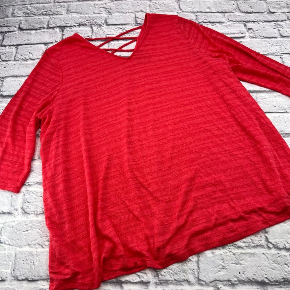 Catherines Womens 2X Bright Pink 3/4 Sleeve V Neck Criss Cross Back Top Shirt